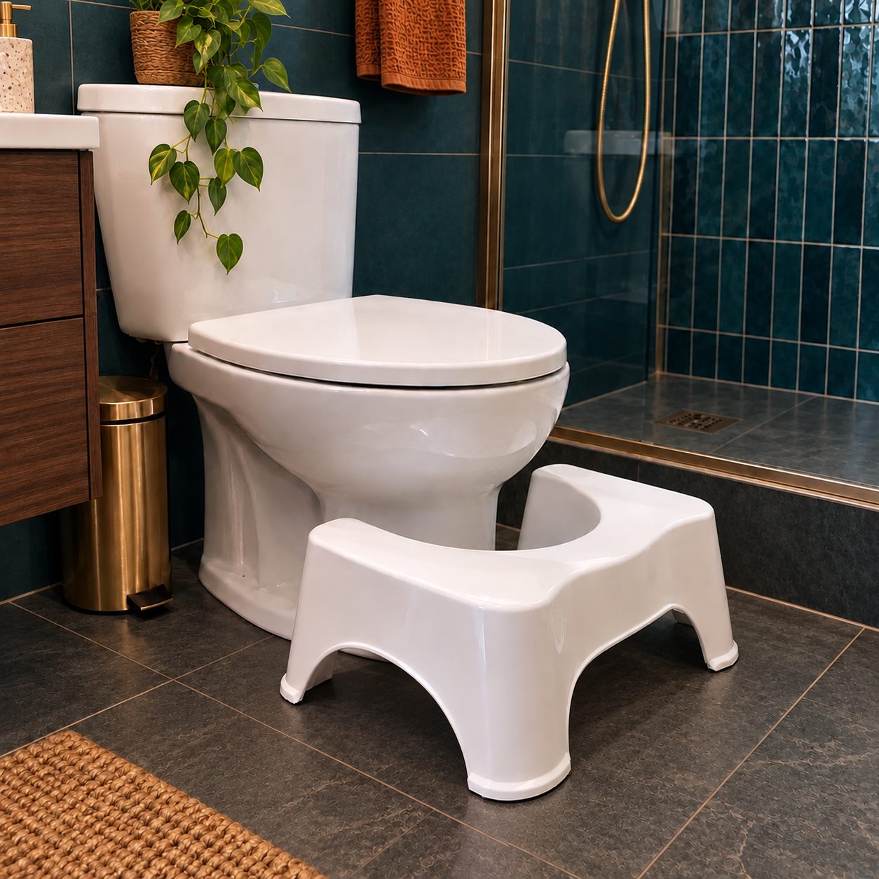 Taburete de baño blanco colocado delante del inodoro
